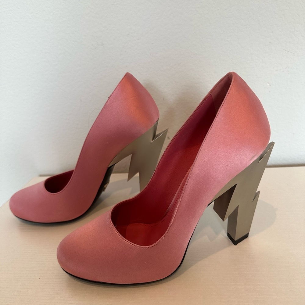 Prada Pink Satin Pumps with Sculpted Silver Lightning Heels - Picture 2 of 5